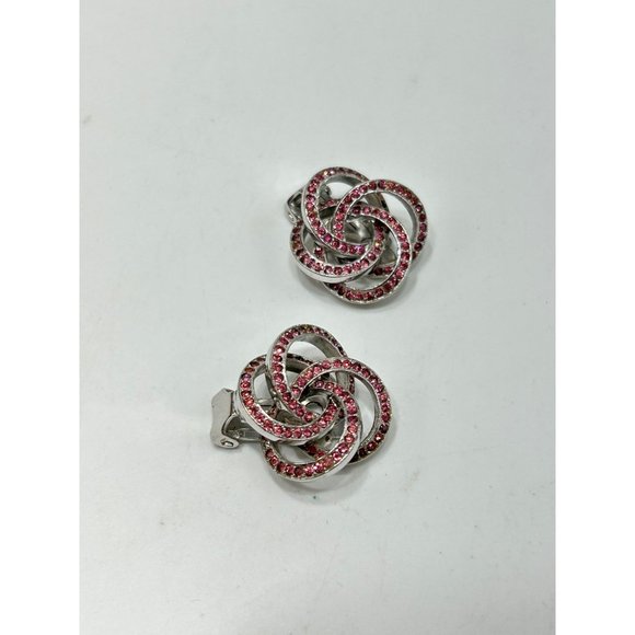 Signed KRAMER Clip On Earrings Silver Tone & Pink Rhinestones Love Knot Circles - Picture 5 of 8